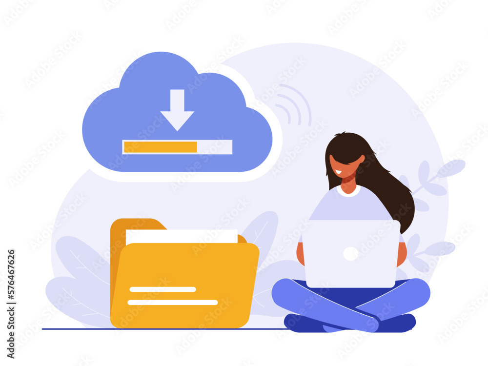 Cloud technology illustration concept. People exchanging files via Internet. Cloud service, online data storage and transfer, information backup. Modern flat vector illustration.