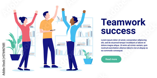 Teamwork success - Team of happy office people with hands in air celebrating and cheering after winning. Flat design vector illustration with copy space and white background