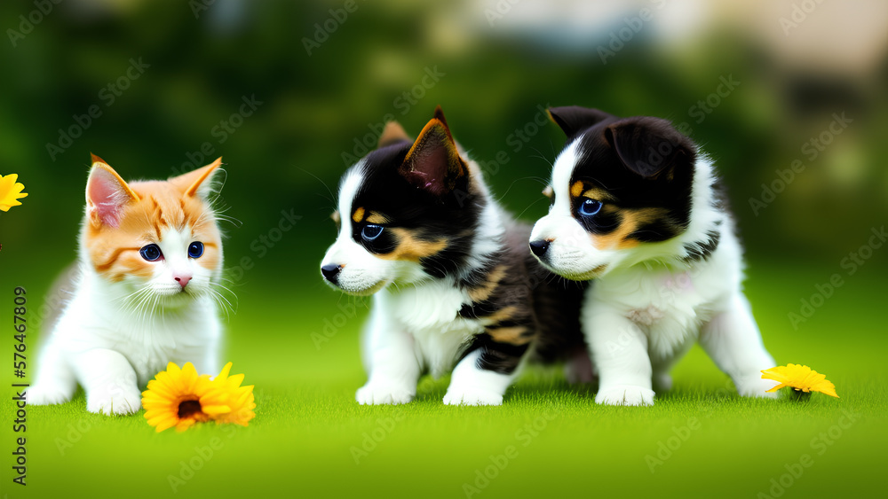 This adorable photo captures the playful interaction between cute kittens and puppies. The warm and fuzzy feeling this image evokes is sure to bring joy to any viewer This adorable photo captures the playful interaction between cute kittens and puppies. The warm and fuzzy feeling this image evokes is sure to bring joy to any viewer