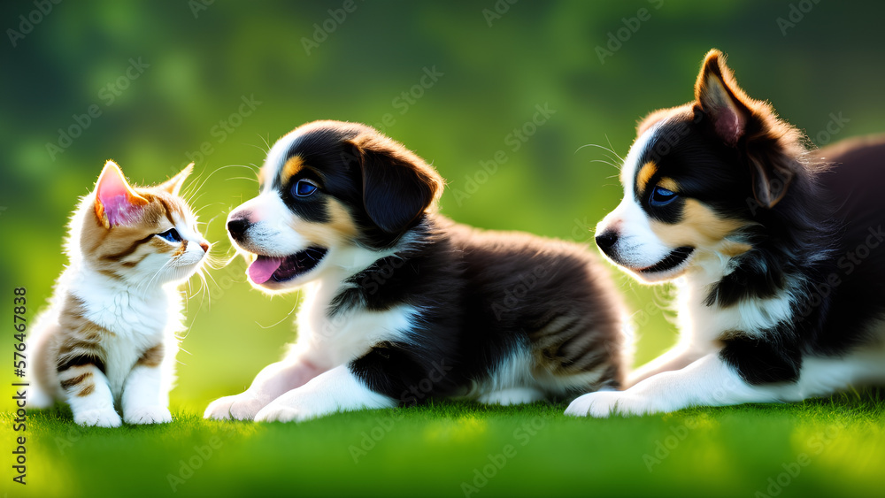 This adorable photo captures the playful interaction between cute kittens and puppies. The warm and fuzzy feeling this image evokes is sure to bring joy to any viewer This adorable photo captures the playful interaction between cute kittens and puppies. The warm and fuzzy feeling this image evokes is sure to bring joy to any viewer