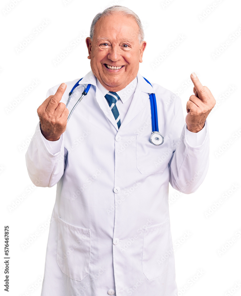 Senior handsome grey-haired man wearing doctor coat and stethoscope showing middle finger doing fuck you bad expression, provocation and rude attitude. screaming excited Senior handsome grey-haired man wearing doctor coat and stethoscope showing middle finger doing fuck you bad expression, provocation and rude attitude. screaming excited