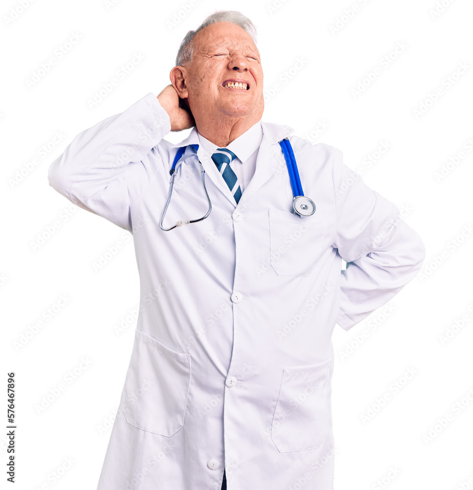 Senior handsome grey-haired man wearing doctor coat and stethoscope suffering of neck ache injury, touching neck with hand, muscular pain Senior handsome grey-haired man wearing doctor coat and stethoscope suffering of neck ache injury, touching neck with hand, muscular pain