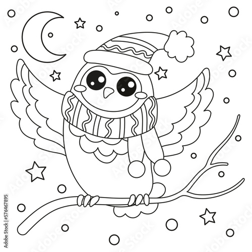 winter kids coloring book. cute owl in a hat and scarf.