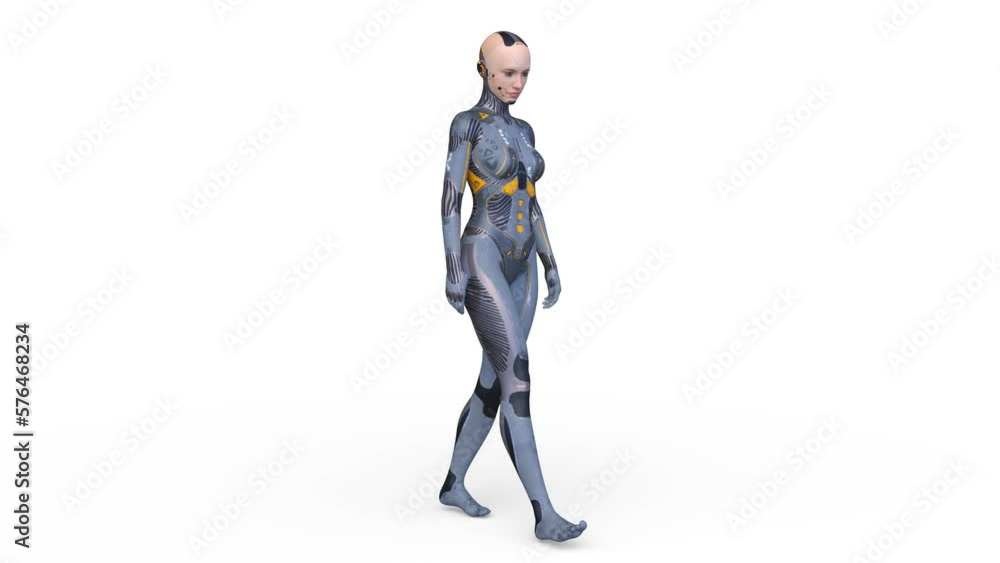 うつむいて歩く女性サイボーグ