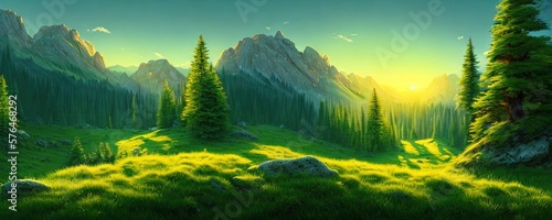 Spruce trees forest summer background against the backdrop of a mountain range in the morning golden hour with sun rays, panorama of wildlife forest in the Green Valley with blue sky photo
