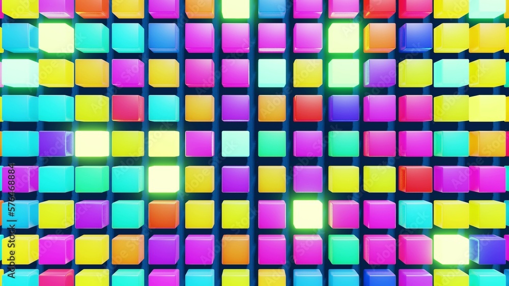 3d abstract simple geometric background with multicolor cubes. Random cubes flash with neon light on plane. Creative simple motion design background with 3d objects. 3d render 3d abstract simple geometric background with multicolor cubes. Random cubes flash with neon light on plane. Creative simple motion design background with 3d objects. 3d render