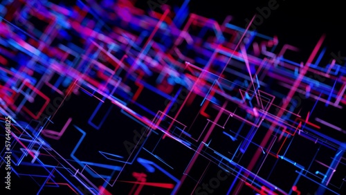Motion graphics  sci-fi bg with flow of blue red neon glow lines form digital 3d space. Connection concept. Visualization of neural network operation  multiple calculations ai. 3d render