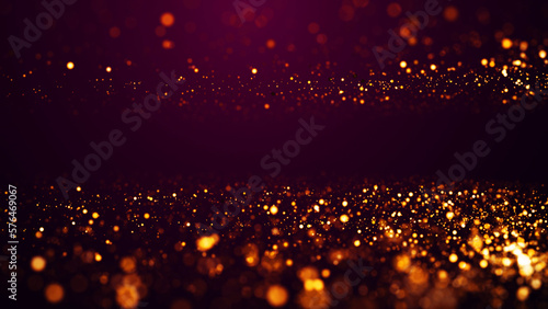 Golden red glow particles flicker and float in viscous liquid with amazing bokeh. Fantastic background. Gold magical sparkles of light form abstract structures. 3d render