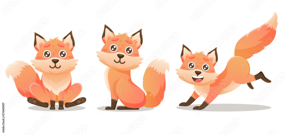 Fototapeta premium Illustration set of cute fox characters. Vector red fox is sitting, running in cute poses.