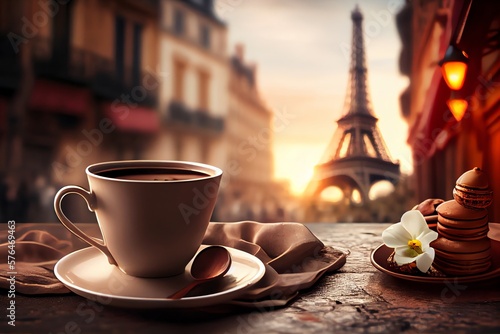 Cup Of Delicious Coffee On Blurred Background Of Paris Cozy Street And Eiffel Tower. Romantic Evening View. Generative AI