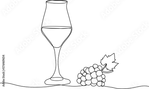 Wine glass and grape bunch in continuous one line drawing. Vector illustration