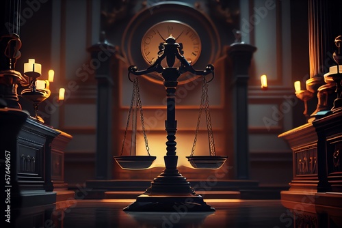 Scales Of Justice In The Dark Court Hall. Law Concept Of Judiciary, Jurisprudence And Justice. Generative AI