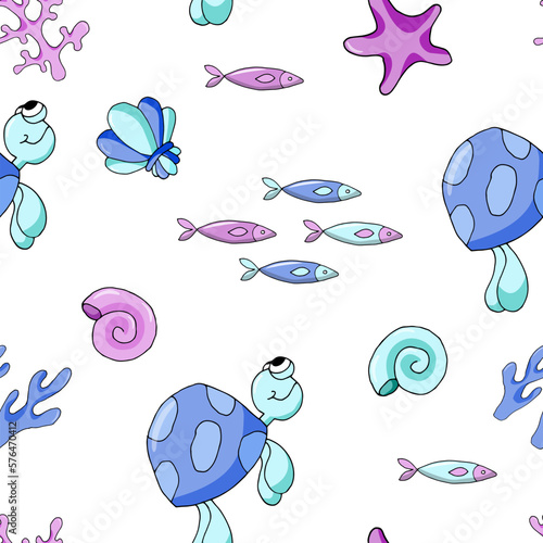 Seamless pattern with elements of the underwater world on a white background. Cartoon vector illustrtion for print, fabrics, wallpaper.