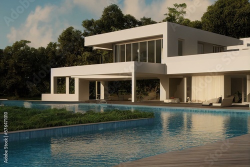 Exterior of a luxury house with swimming pool.  Modern  Villa.   Generative AI © Jonatan
