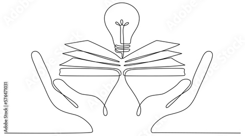 Hands hold book with bulb continuous line drawn. Vector illustration isolated on white.