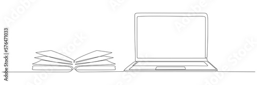 Laptop with book continuous line drawing. Online education linear illustration. Vector isolated on white.