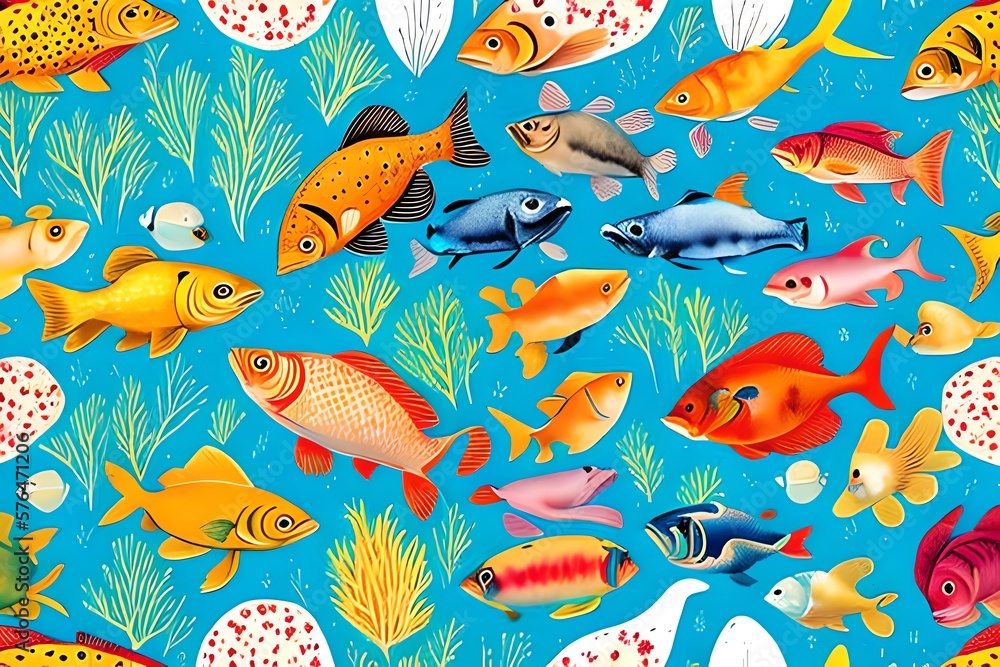 Watercolor Illustration of aquarium Fish pattern Wallpaper bige Vintage Painting. Generative AI