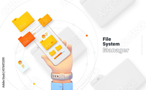 Search and classification of data. The hand is holding the phone. Mobile application for data analysis and accounting. File management. Electronic document management. Vector illustration 3d style