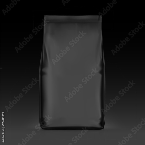 High realistic black vertical stand bag mockup. Vector illustration. Easy to use for presentation your product, idea, promo, design. EPS10.	