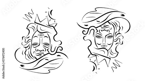 This minimalist vector illustration on a white background has a unique property - it depicts a cartoon kings head when viewed one way, and a stylish woman s face with a feathered hat when flipped