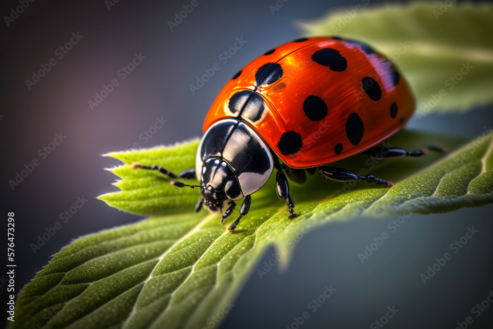 Obraz premium Ladybird on a leaf, macro closeup Generative AI 