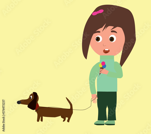A child with a dog and ice cream is walking