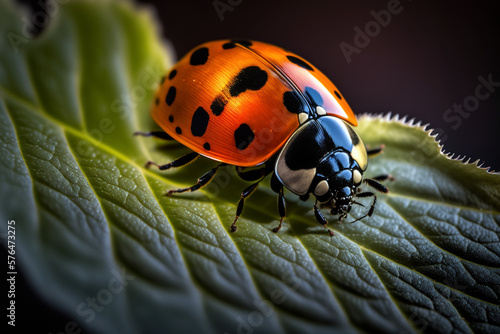 Ladybird on a leaf, macro closeup Generative AI 
