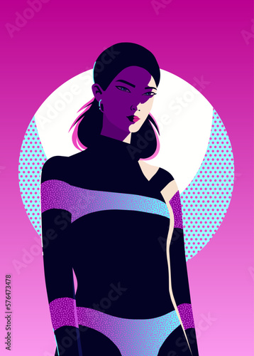 A woman in a bold style suit on a fashionable catwalk, flat illustration.