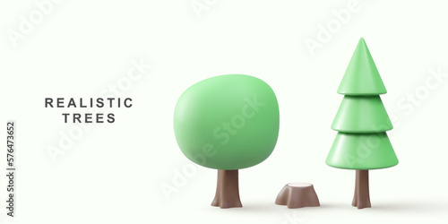 3d realistic trees isolated on a green background. Vector illustration.