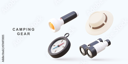 3d set of elements for camping, flashlight, compass, binocular and hat. Vector illustration.