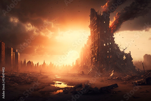 Apocalyptic view of burning city buildings, post apocalypse after world war, generative AI