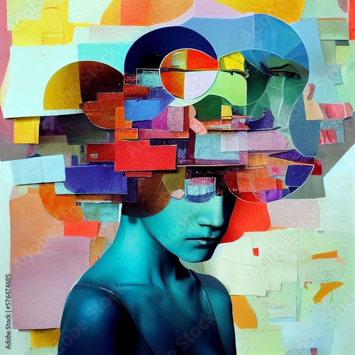 The Many Faces of Stress and Anxiety: A Vibrant Psychological Mixed Media Collage; Panic Attacks, Trauma, Self-Reflection, Mindfulness, Psychiatry, Therapy (generative AI, AI)