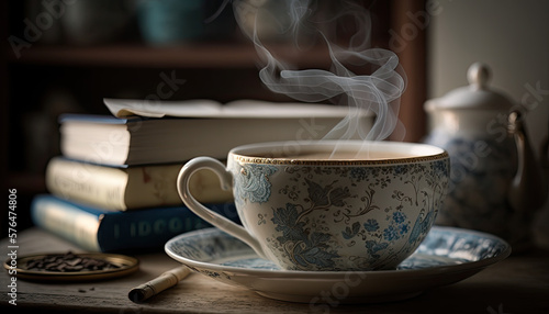 A ceramic cup of coffee on a saucer with books. Generative AI