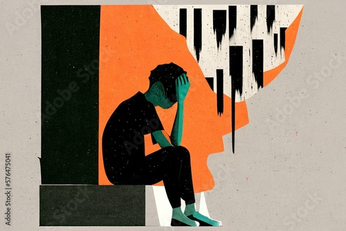 Depression and feeling alone, blue left out, loneliness, major depressive episode MDE in simple graphic design style, black and neutral colors high contrast symbolic (generative AI, AI)