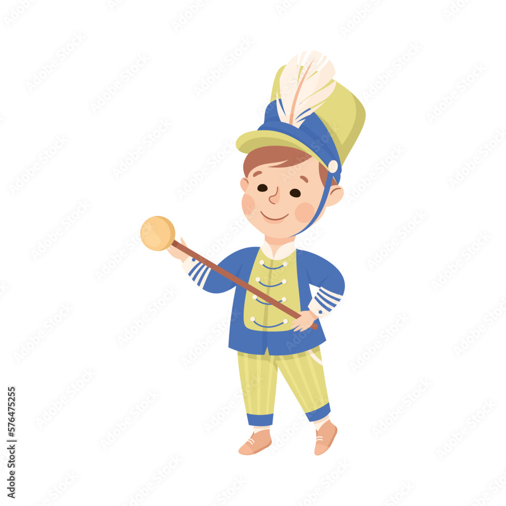 Cute boy drum major. Happy kid in traditional costume marching band parade cartoon vector illustration Cute boy drum major. Happy kid in traditional costume marching band parade cartoon vector illustration