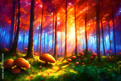Fantasy glowing mushrooms in the forest in rays of sunset, low angle view, bright acid colors. AI generated photo