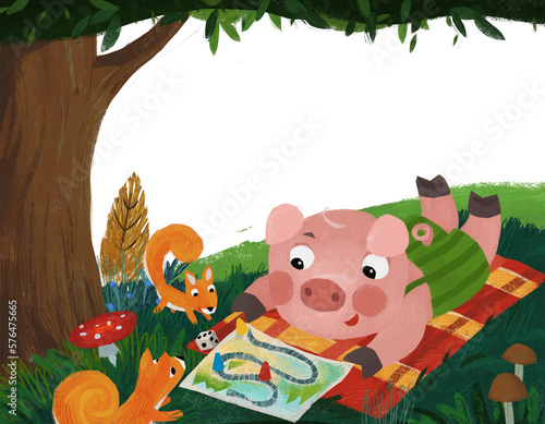 cartoon fairy tale scene with pig boy in the nature playing having fun illustration for children