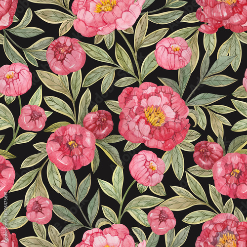 Wallpaper Mural Seamless floral pattern with red and pink peonies and green leaves painted in watercolor on a black background. Elegant floral print for textiles, wrapping paper, wallpaper and more. Torontodigital.ca