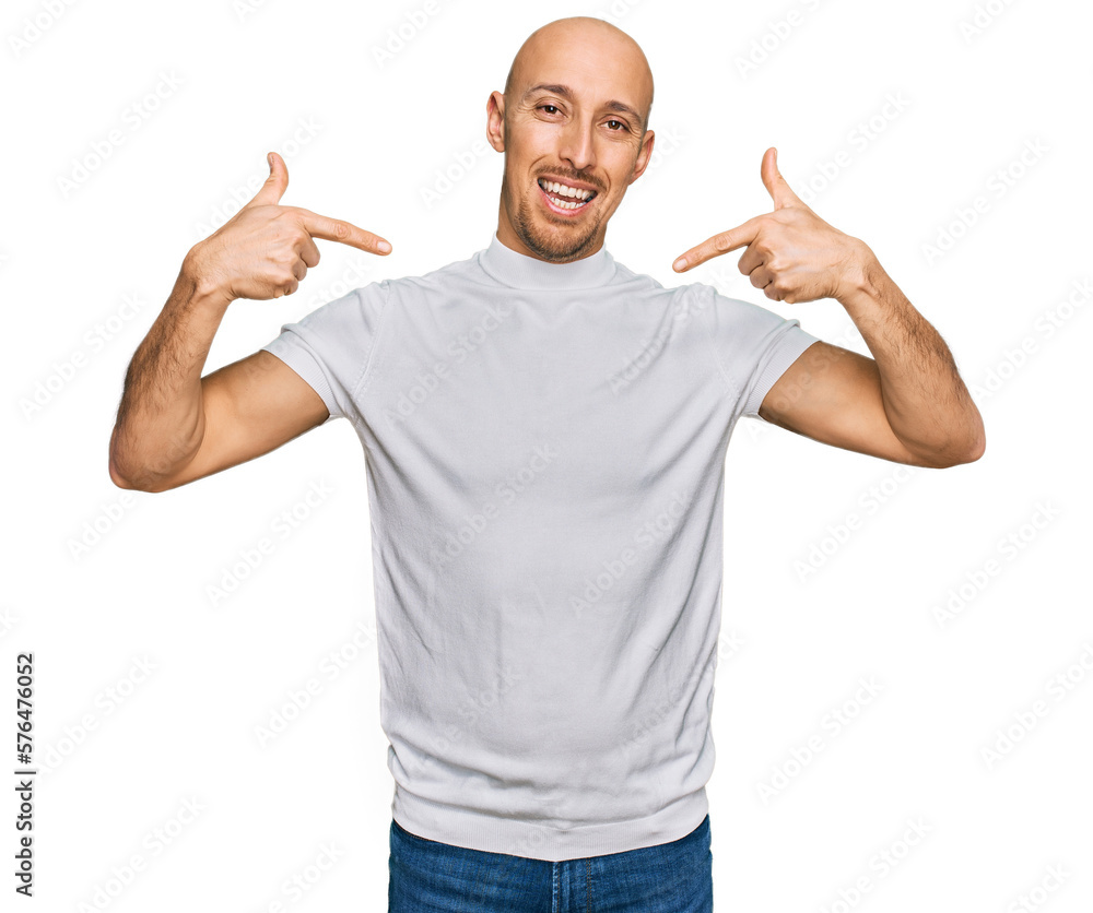 Bald man with beard wearing casual white t shirt looking confident with smile on face, pointing oneself with fingers proud and happy. Bald man with beard wearing casual white t shirt looking confident with smile on face, pointing oneself with fingers proud and happy.