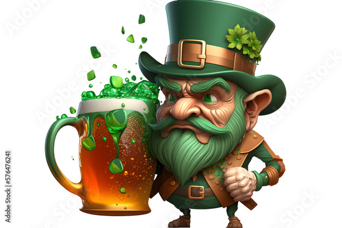 Leprechaun frowning with huge beer mug and shamrocks on transparent background photo