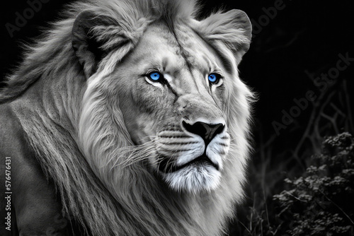 portrait of a lion with blue eyes made with generative ai
