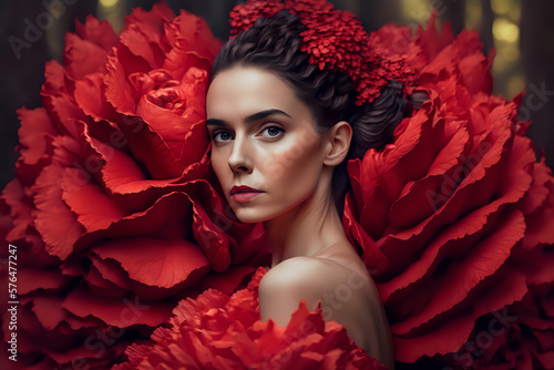 Fotografia Close portrait of a young woman in an extravagant red flower blossom dress