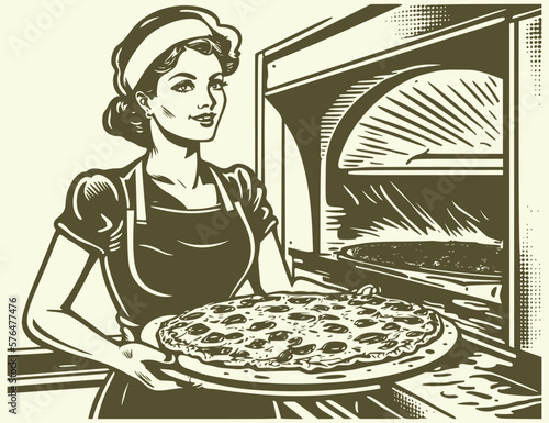 Woman holding pizza with oven in the background. Vintage woodcut engraving illustration.