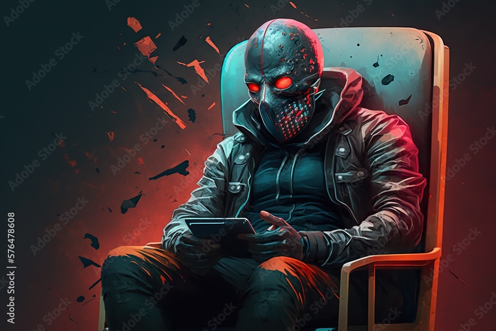 Masked Person Sitting in Chair Gaming in Post-Apocalypse World. Generative AI.