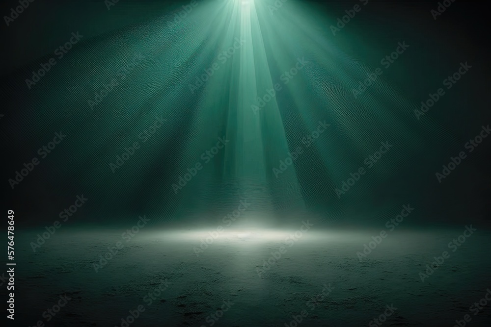 Abstract Background With Green Fog in Minimalistic Dark Space With Rays of Light. Generative AI.