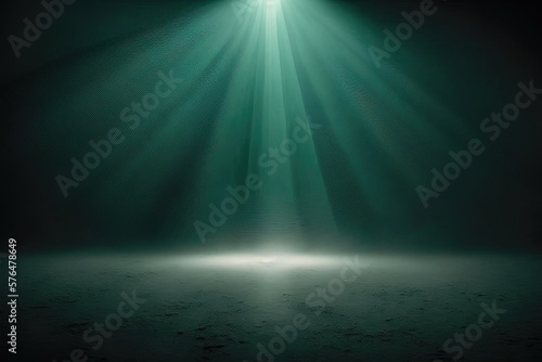 Abstract Background With Green Fog in Minimalistic Dark Space With Rays of Light. Generative AI.