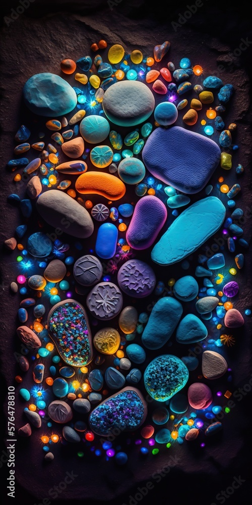 Collection of Smooth Flat Illuminated Pebbles Background. Generative AI.