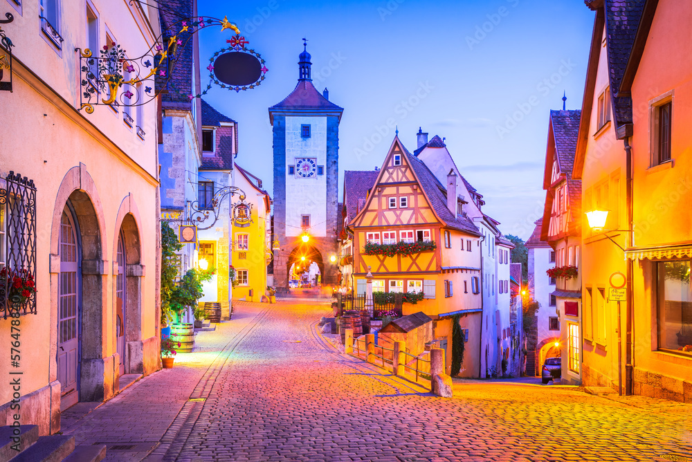 Rothenburg ob der Tauber, Bavaria, Germany. Beautiful postcard view of Ploenlein with Siebers Tower and Kobolzell Gate of famous historic town in Franconia.