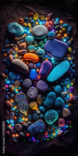 Collection of Smooth Flat Illuminated Pebbles Background. Generative AI.