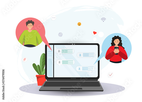 People chatting online via messengers on the laptop, online conference, online dating or friendship, talking online, flat vector illustration
